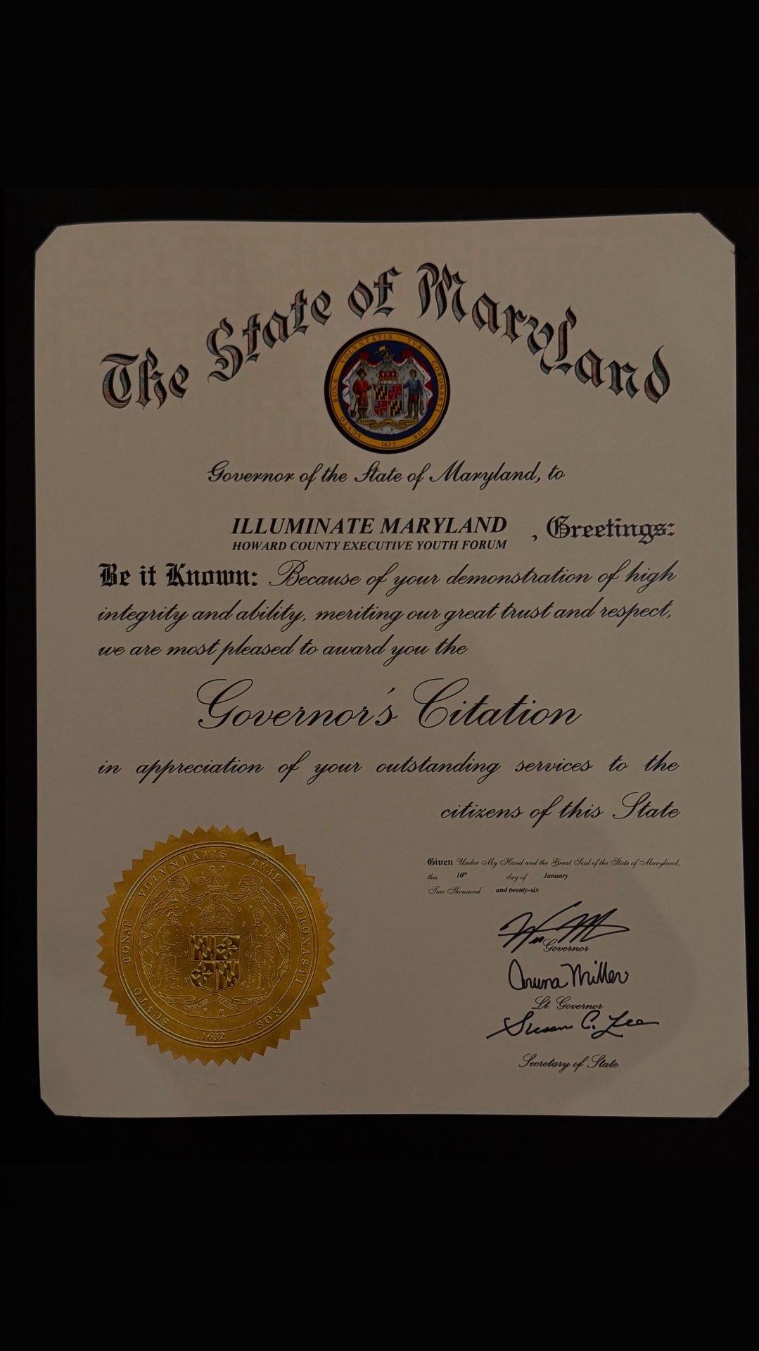 Governor's Citation from the State of Maryland for Illuminate Maryland Howard County Executive Youth Forum